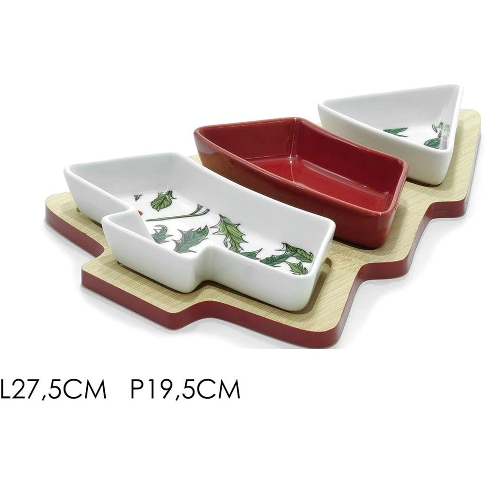 Trade Shop - Antipastiera A 3 Scomparti In Bianco Rosso Agrifoglio Albero Di Natale Decorazione Tavola -