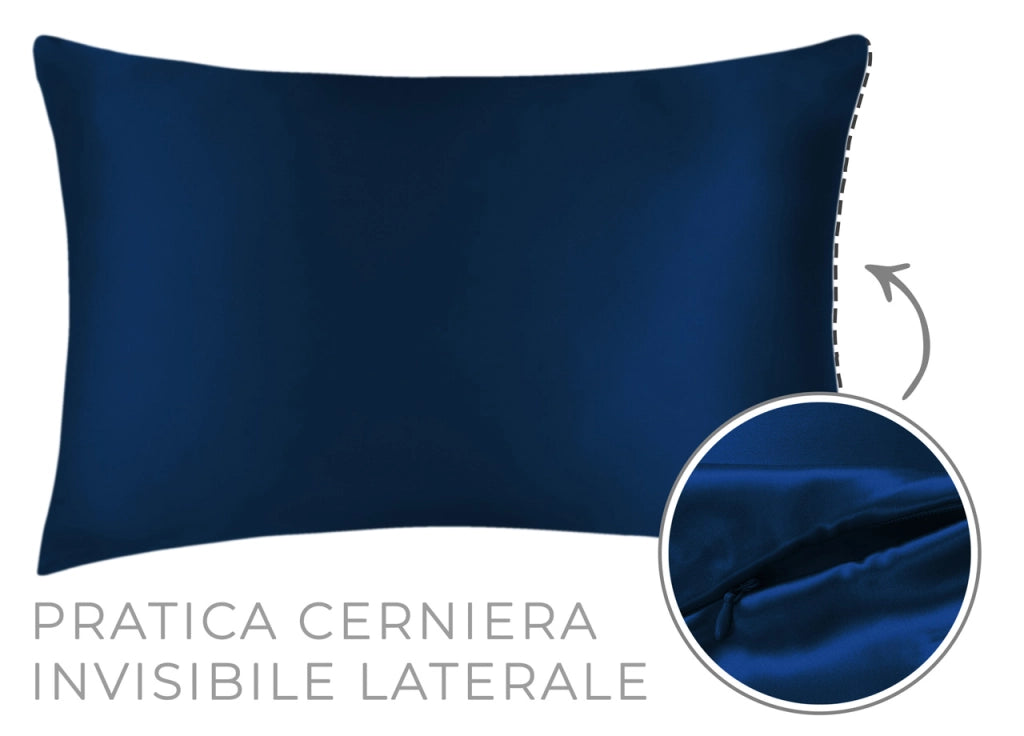Federa Guanciale Cuscino Letto 100% Seta Chiusura Zip In Tinta Unita - Federa - Blu
