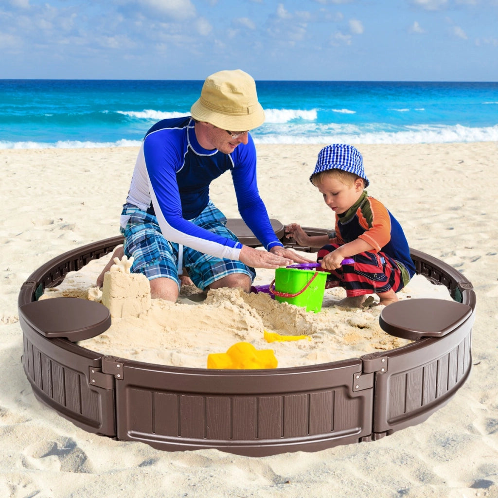 Recinto di sabbia rotondo 120 cm con copertura impermeabile, Kit recinto di sabbia da esterno per cortile Marrone-Giocattoli da spiaggia e sabbia