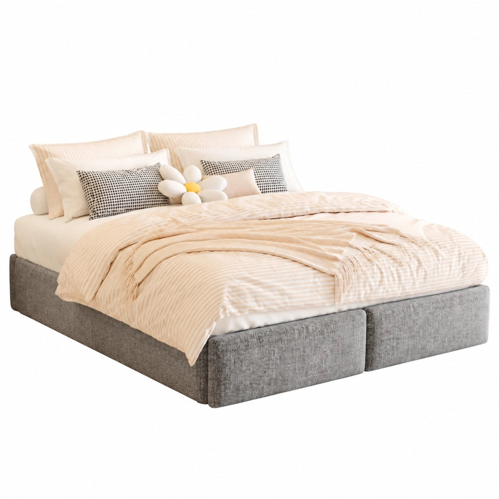Letto imbottito 140x200 cm senza testiera; con contenitore idraulico e 2 cassetti; grigio