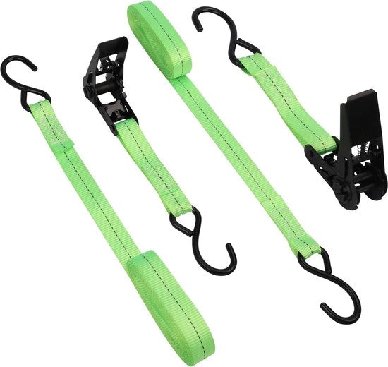 Cinturoni di tiraggio robusti per fissaggio di carichi e motocicli - 2x cinturoni di tiraggio con rullo e gancio in gomma - 6m x 25mm - Fino a 450 kg.