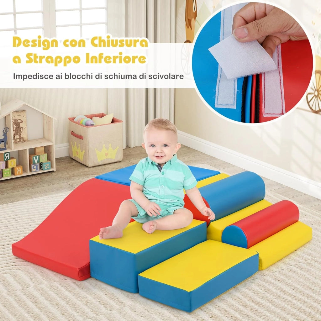 Set di Blocchi da Arrampicata in Schiuma per Bambini, Set di 7 Pezzi per Gioco Morbido con Chiusure a Strappo per Gattonare, Gioco Attivo, Sviluppo Motorio e Sensorialei