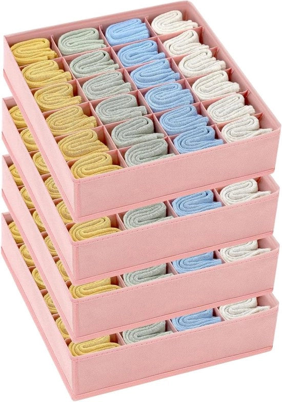 Organizzatore di Intimo con 24 Celle - Système di Ripristino Pieghevole per Calze, Reggiseni e Cinture - 4 Pezzi - Rosa