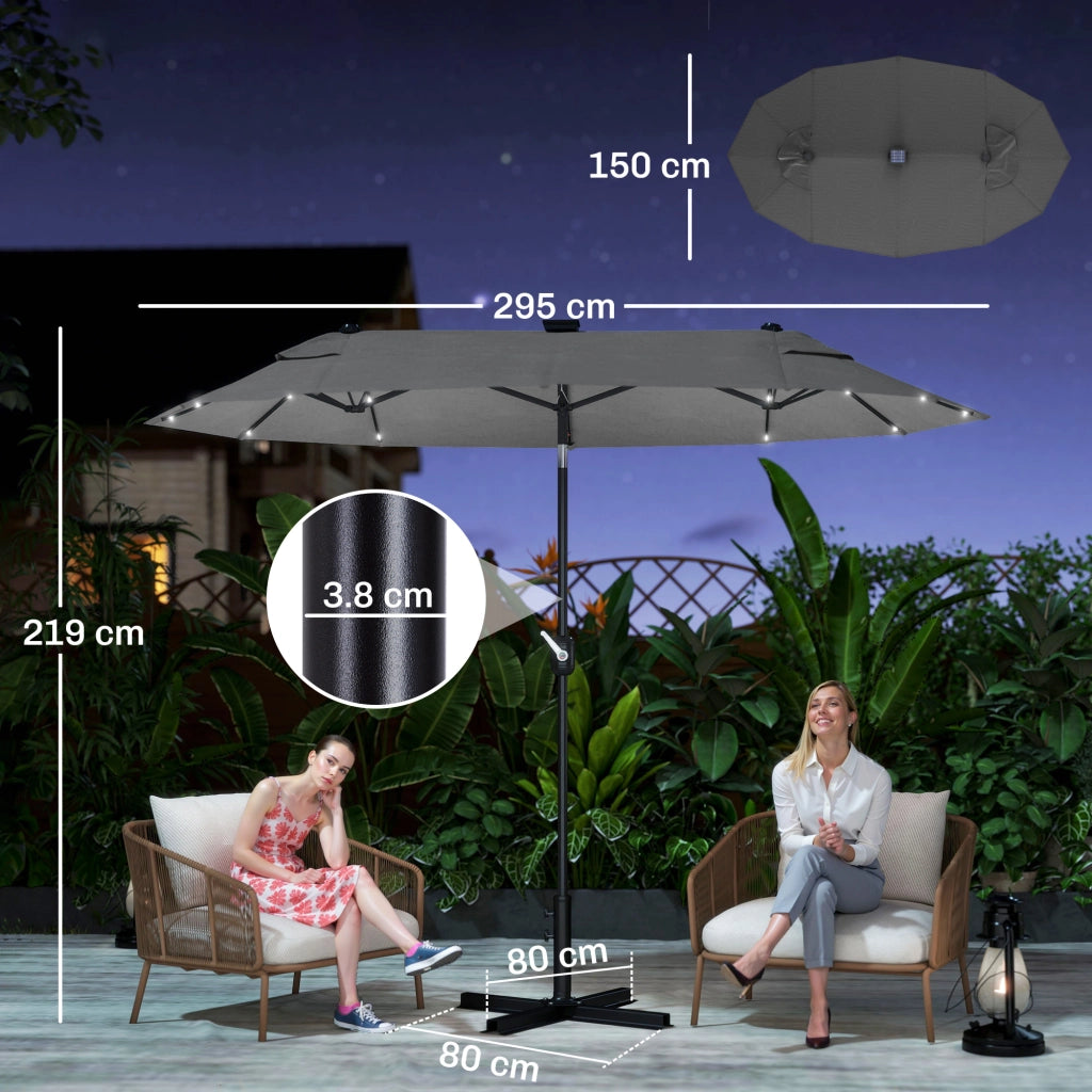 Ombrellone doppio con Base a crocee Luci Solari, 295x150x219cm, Grigio
