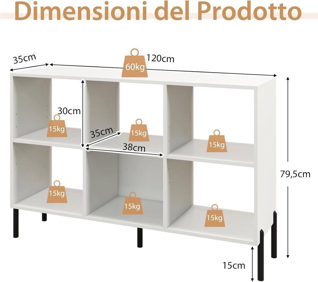 Scaffale a 6 Cubi, Libreria Aperta in Legno con Gambe Metalliche, Ripiani Regolabili in 5 Posizioni, Dispositivo Antiribaltamento, Scaffale per Casa e Ufficio, 120 x 35 x 79,5 cm (Bianco)