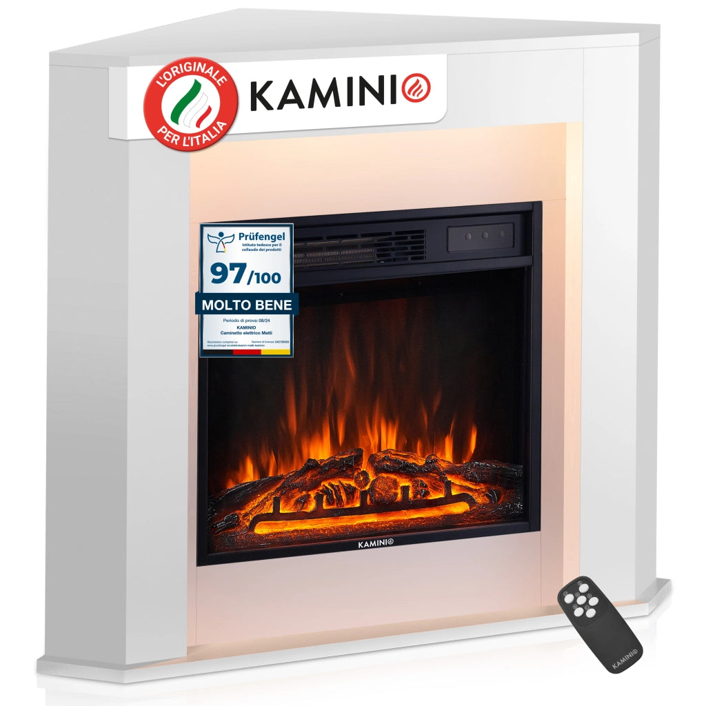 KAMINIO Camino elettrico MATTI - Caminetto ad angolo con riscaldamento, effetto fiamma 3D, luce ambiente a LED, telecomando - Angolo, Bianco
