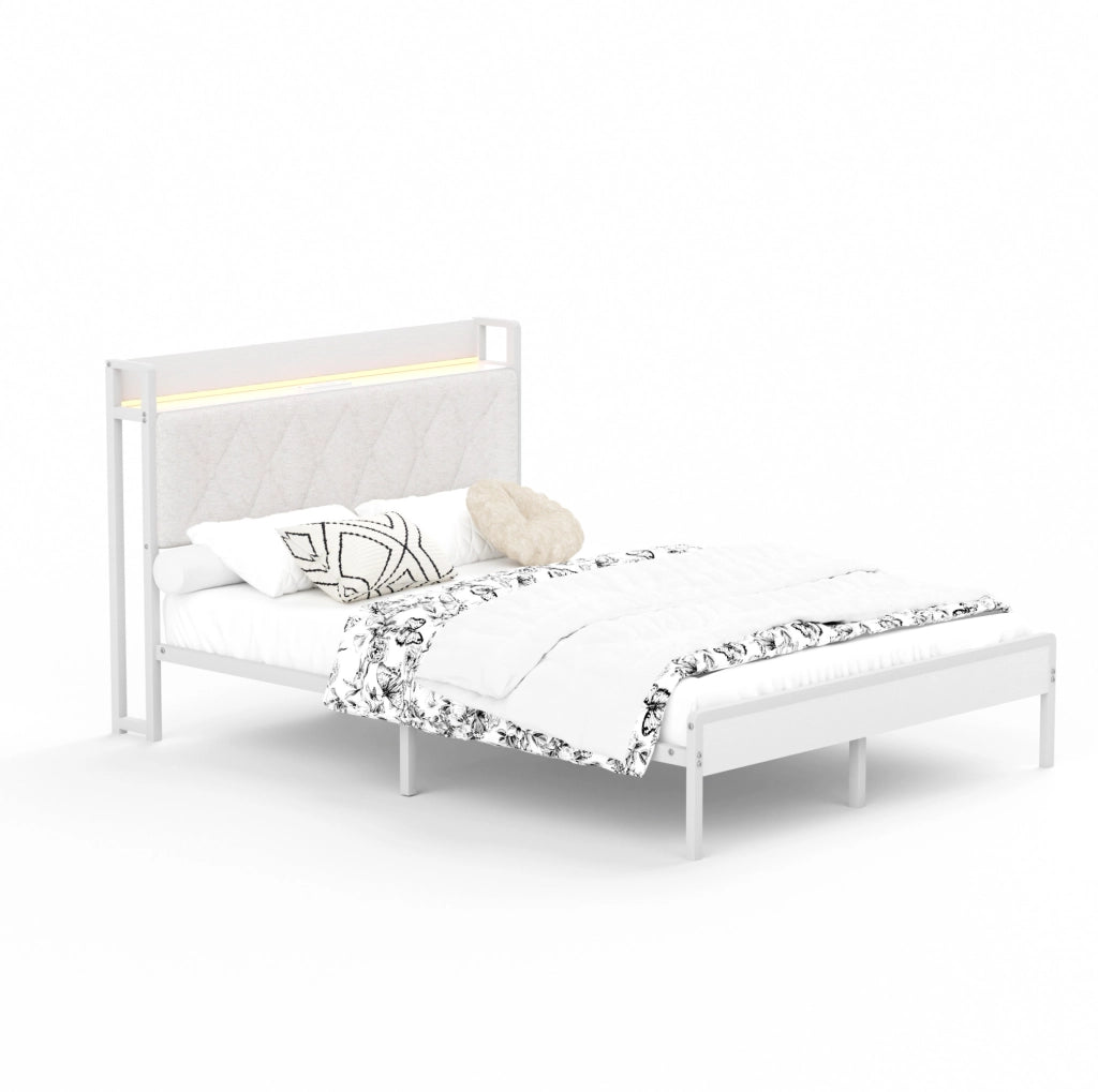 Letto imbottito 140 x 190 cm con testiera LED e porta USB; bianco