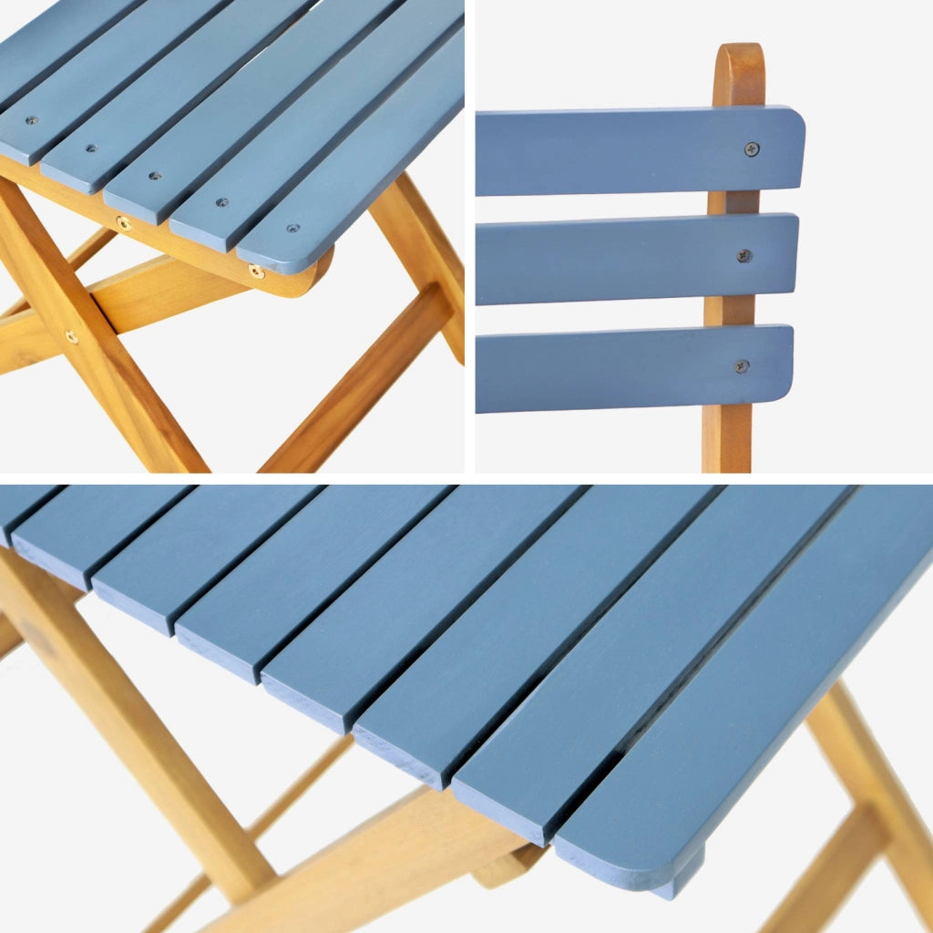 Set tavolo da giardino in legno di acacia con 2 sedie pieghevoli, blu