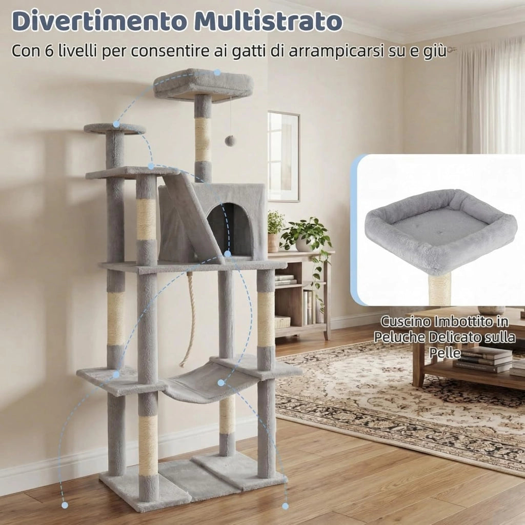 Albero per Gatti Alto 158 cm, Albero Tiragraffi con Trespolo di Peluche, Grotta, Amaca, Tiragraffi in Sisal, Rampa, Corda Appesa e Pallina Pendenti, Centro Attività per Gattini (Grigio Chiaro)