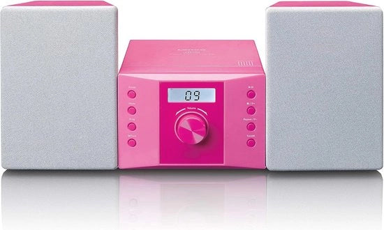 Sistema stereo compattibile per bambini con lettore CD, schermo LCD e ingresso AUX in rosa