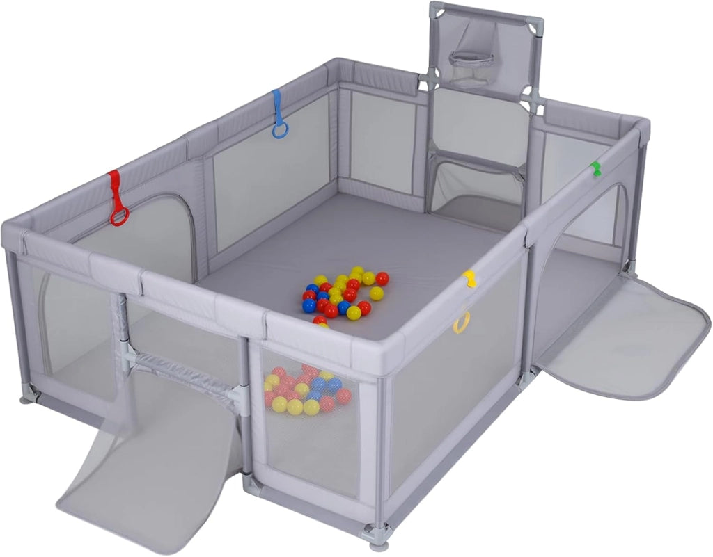 Box Neonati 210 x 150 cm, Recinto Bambini Pieghevole con Canestro da Basket e 2 Porte da Calcio, Parco Giochi con 50 Palline, 4 Anelli e Borsa Trasporto, per Bambini 0-3 Anni (Grigio)