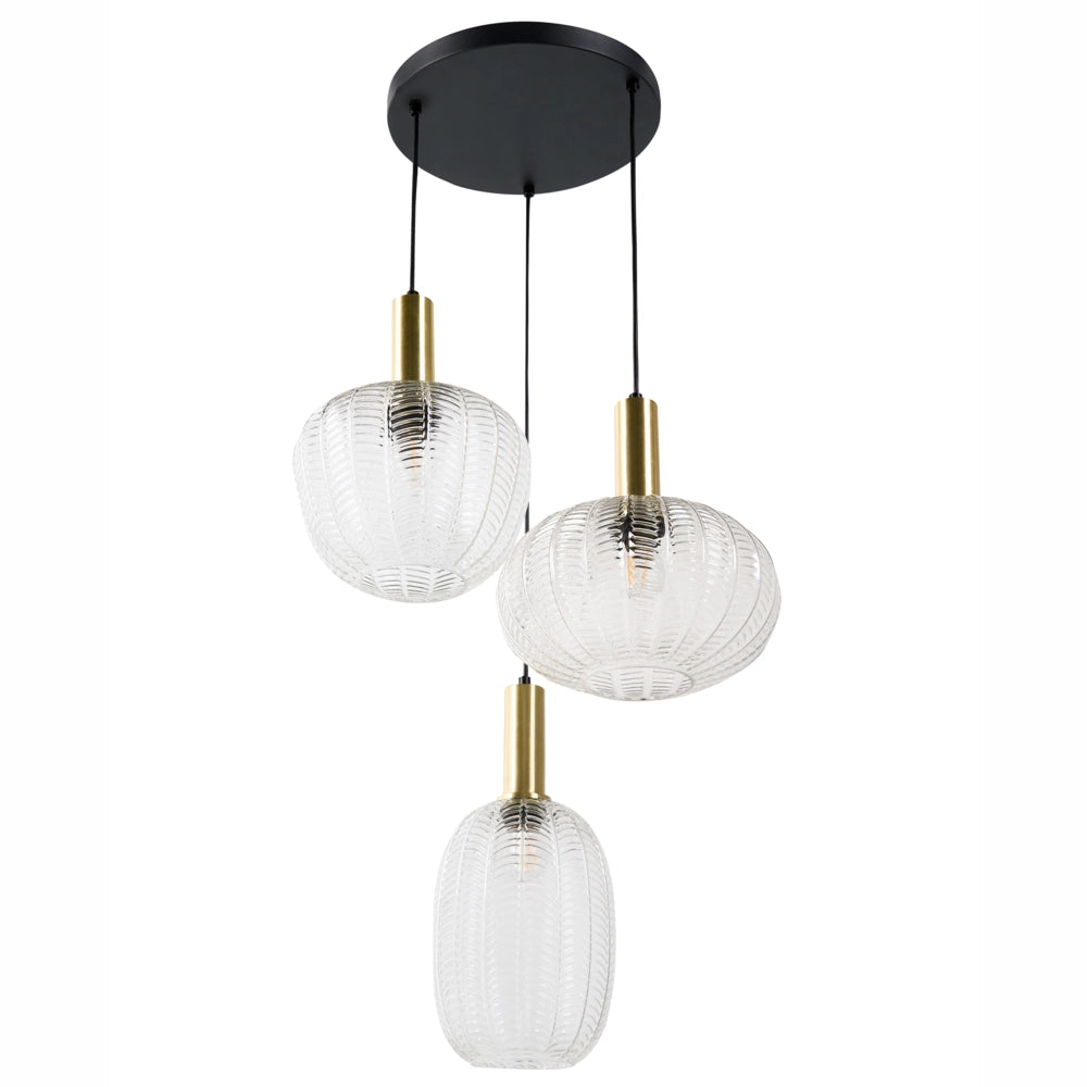 Lampadario a sospensione a 3 luci con paralume in vetro e base in metallo stile retrò trasparente