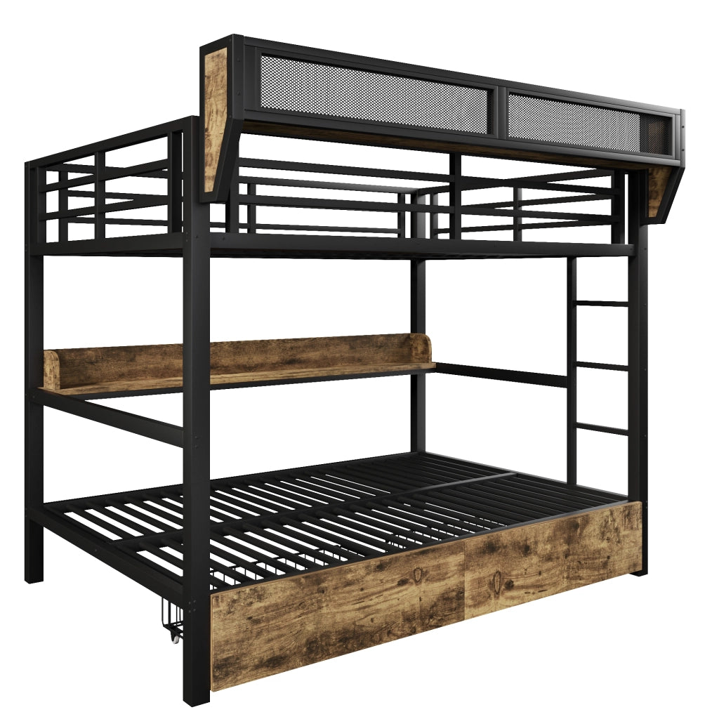 Letto a castello 140×200 cm con 2 cassetti; ripiano; cestello e LED; senza materasso; nero