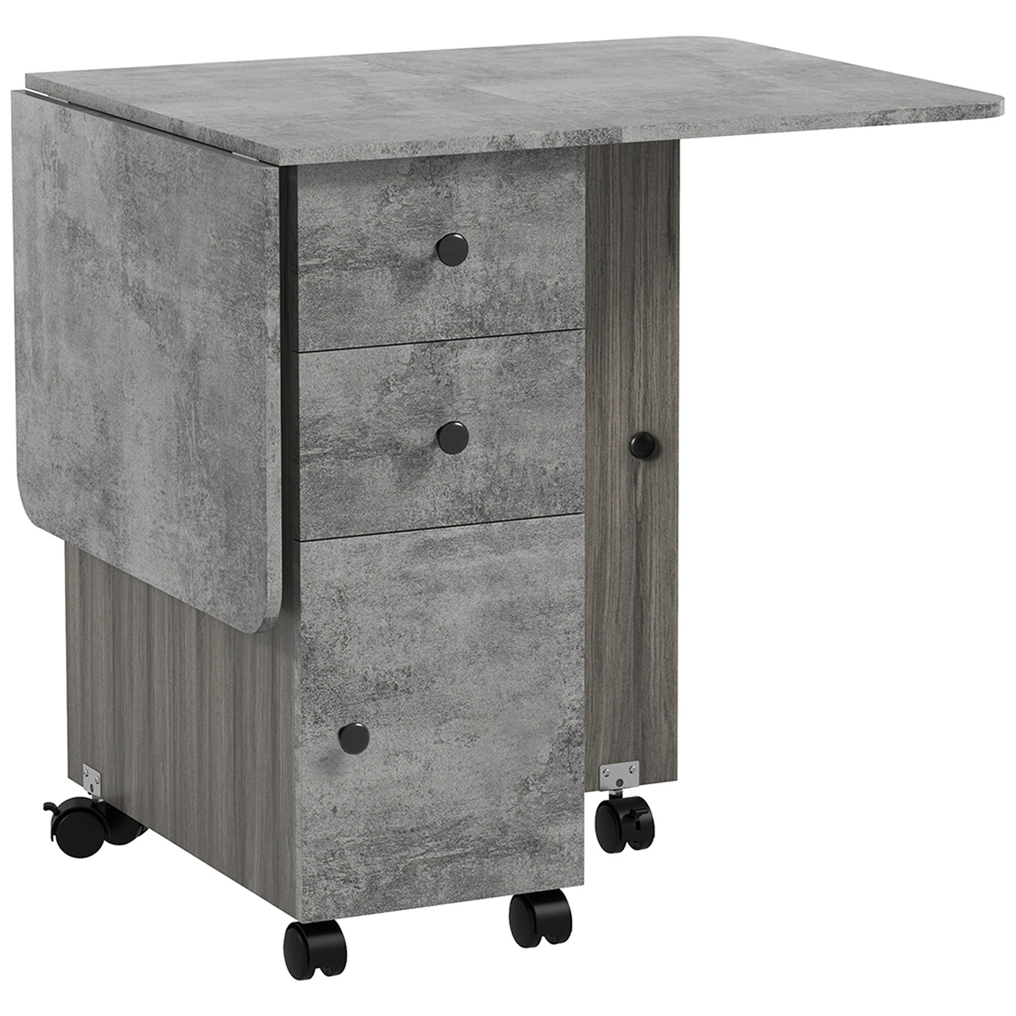 Tavolo Pieghevole a Ribalta 120x60x76.5 cm con 2 Cassetti e Armadietto in Legno Effetto Cemento Grigio