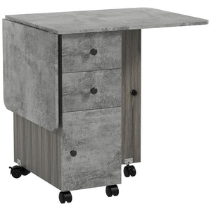 Tavolo Pieghevole a Ribalta 120x60x76.5 cm con 2 Cassetti e Armadietto in Legno Effetto Cemento Grigio