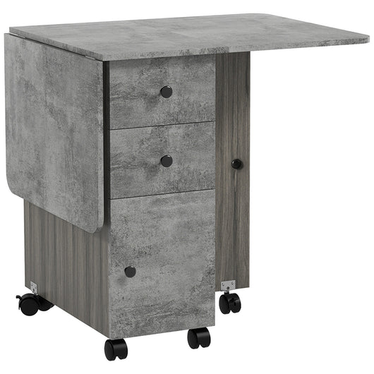 Tavolo Pieghevole a Ribalta 120x60x76.5 cm con 2 Cassetti e Armadietto in Legno Effetto Cemento Grigio