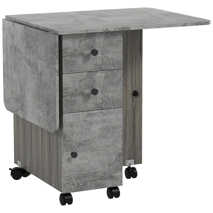 Tavolo Pieghevole a Ribalta 120x60x76.5 cm con 2 Cassetti e Armadietto in Legno Effetto Cemento Grigio