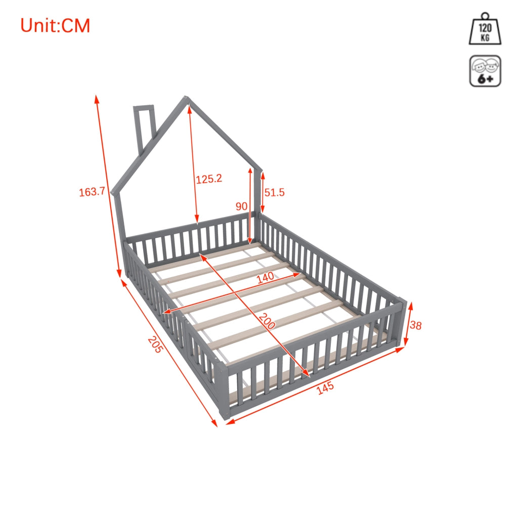 LETTO per bambini 140x200 cm con rete di sicurezza e rete a doghe grigio