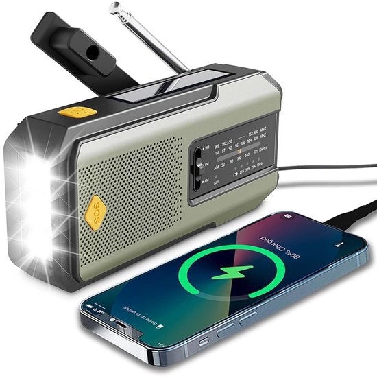 Radio solare 2025 - manubrio manuale e porta USB-C - allarme meteo NOAA - batteria portatile 2000mAh - verde