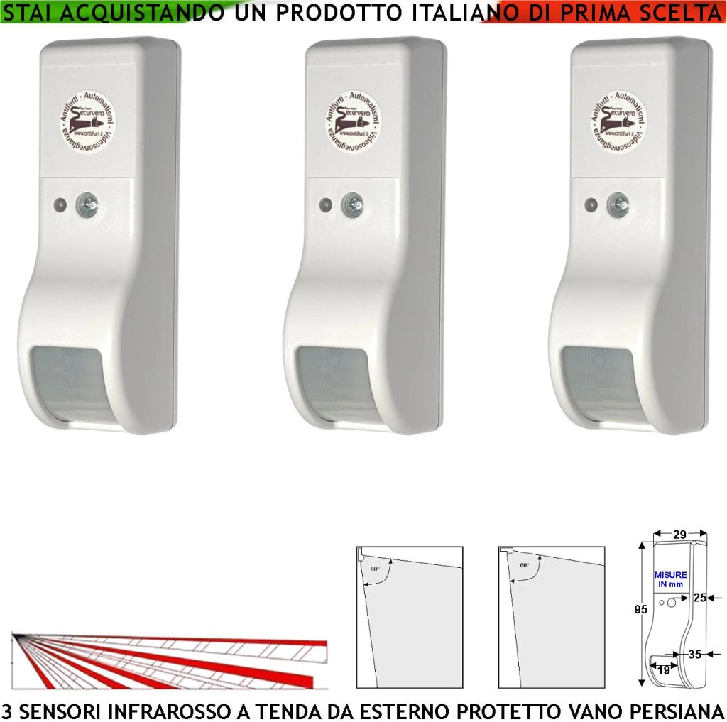 Sensore di Movimento Infrarosso Tenda Esterno Tre Pezzi Vano Persiana Dual Pir Rileva Estranei Invia Allarme Portata 8 MT 60° Vert. 7° Oriz. Alimentazione 12 V Assorbimento 10 mA Cover Bianco ABS IP31