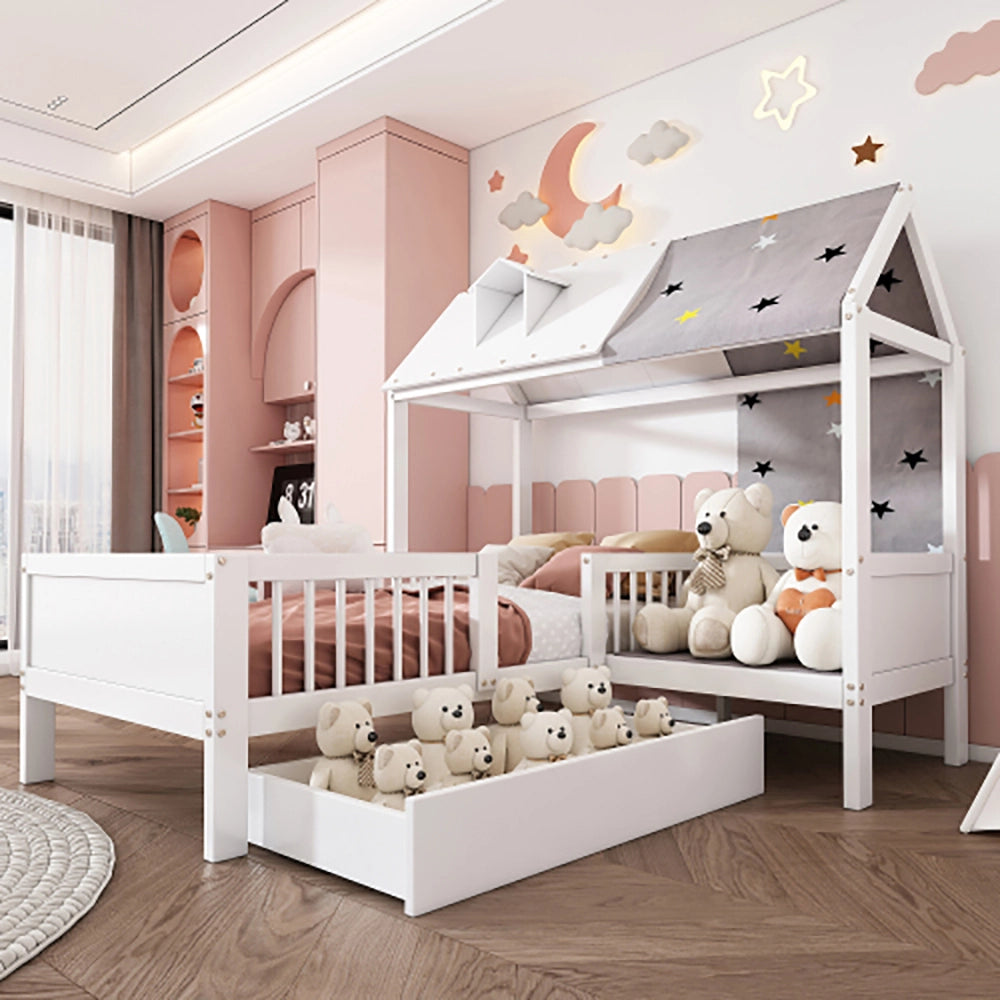 Lit a forma di casa per bambini - Xylo - 90x200 cm - Legno - Bianco - Con tenda e cassetti