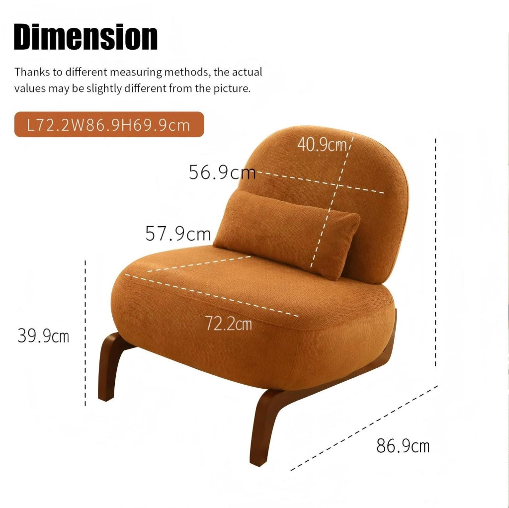 Poltroncina senza braccioli in tessuto e legno caramello