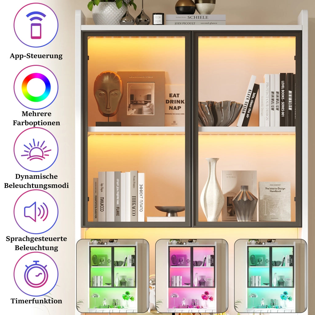 Vetrina LED Bluetooth con 4 ante; 5 vani e ripiani regolabili bianca 80 × 35 × 200 cm