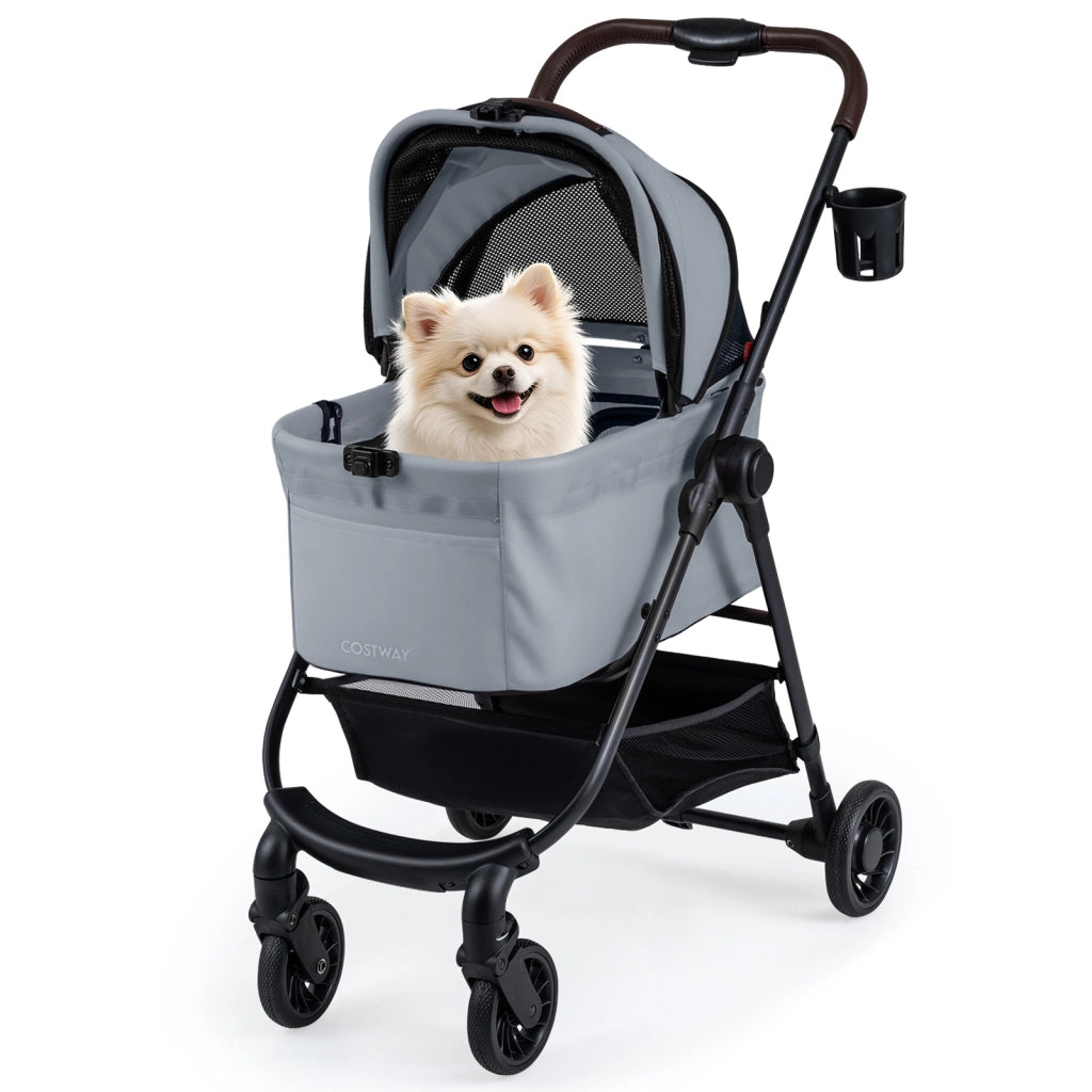 Passeggino animali domestici 3-in-1 portaprotetto tetto rete, Passeggino animali cesto portaoggetti sicurezza Grigio