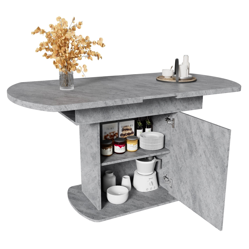 Tavolo da pranzo allungabile ovale con vani contenitore e armadietti, per sala da pranzo e soggiorno, grigio