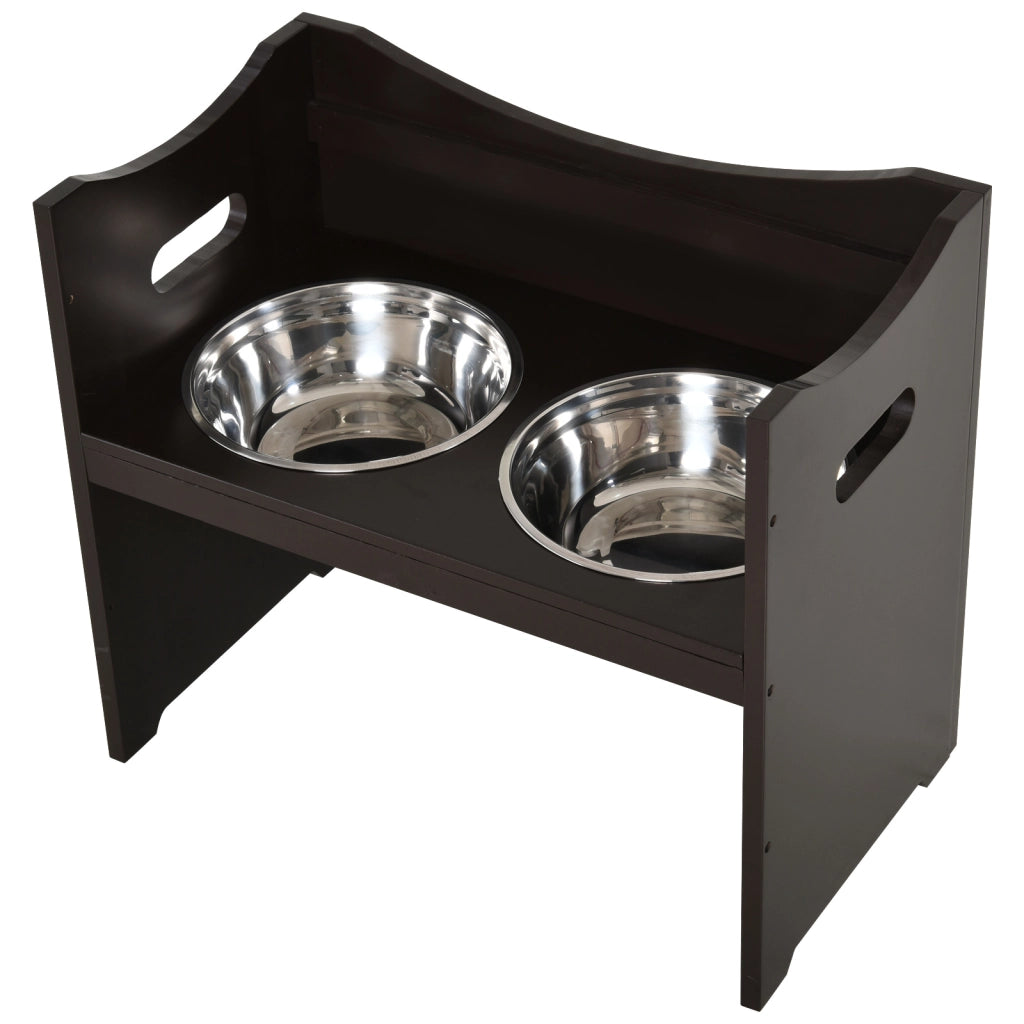 Mangiatoia rialzata regolabile in altezza con doppia ciotola in acciaio inox, MDF, colore caffè, 54x31,5x47 cm