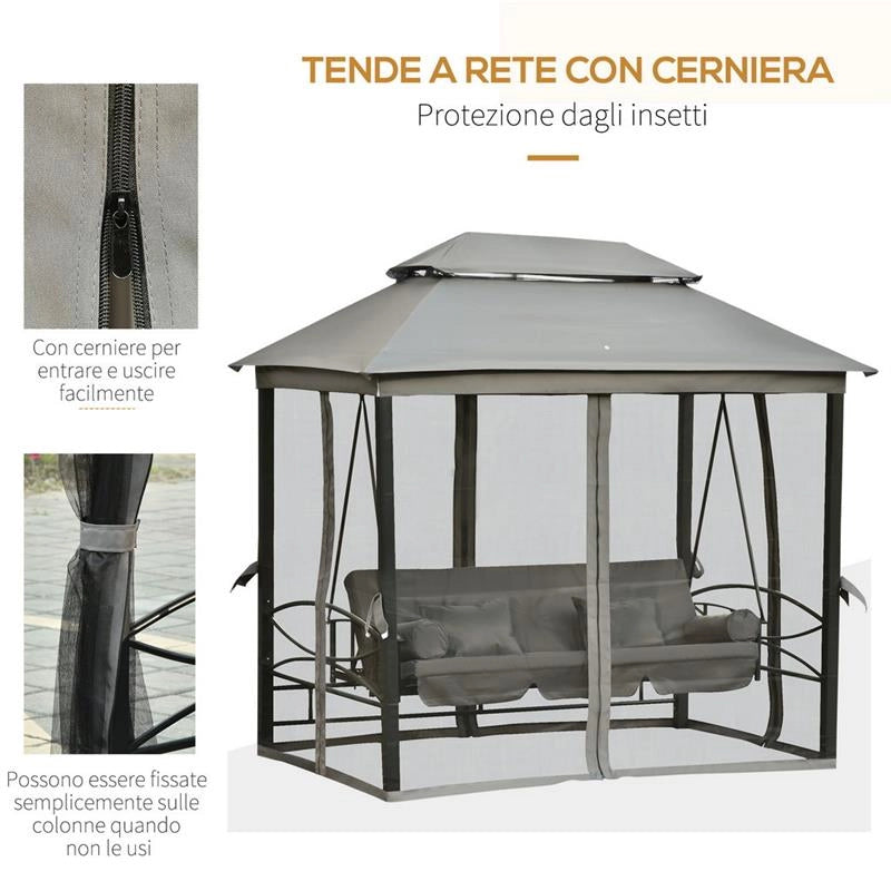 DONDOLO A GAZEBO RECLINABILE 3 POSTI CON ZANZARIERA E CUSCINI GRIGIO SCURO