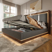 Letto matrimoniale 160x200 cm con contenitore; LED e struttura in metallo; grigio e noce