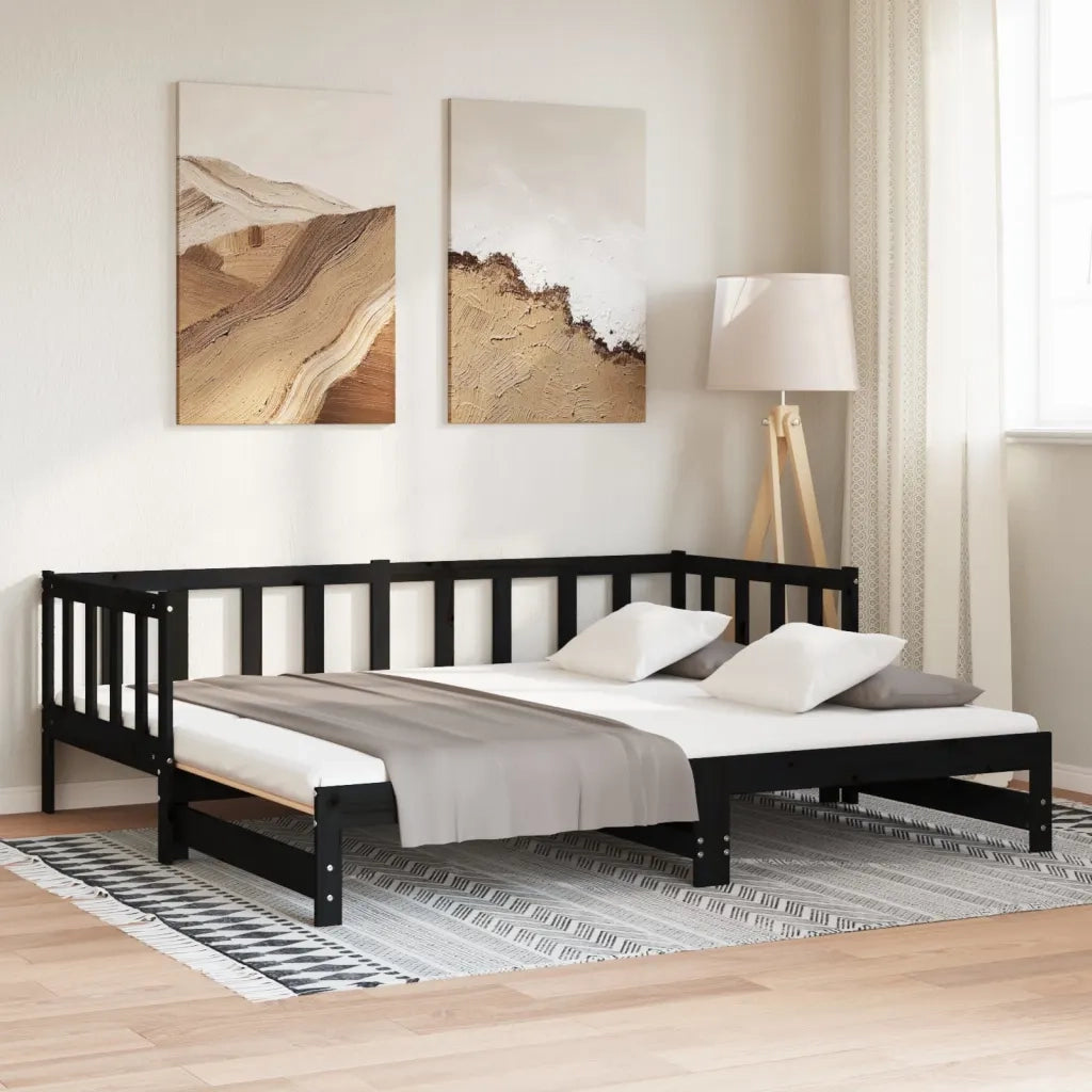 Dormeuse Estraibile Nera 2x(90x190) cm Legno Massello di Pino