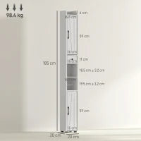Mobiletto da bagno alto a colonna con 2 ante, cassetto e ripiani regolabili, 20x20x185 cm, Bianco