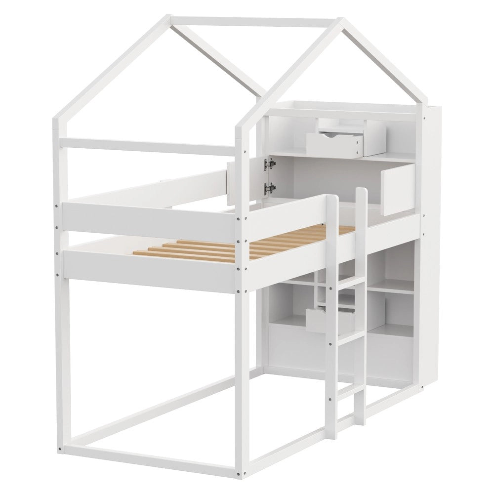 Letto a Castello in Legno di Pino con Rete a Doghe e Contenitore ¨C Xylo ¨C Bianco 90x200