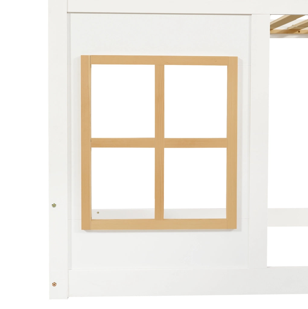 Letto a castello per bambini in pino, MDF e compensato, bianco e naturale, 90x200 cm con finestre decorative e scala robusta