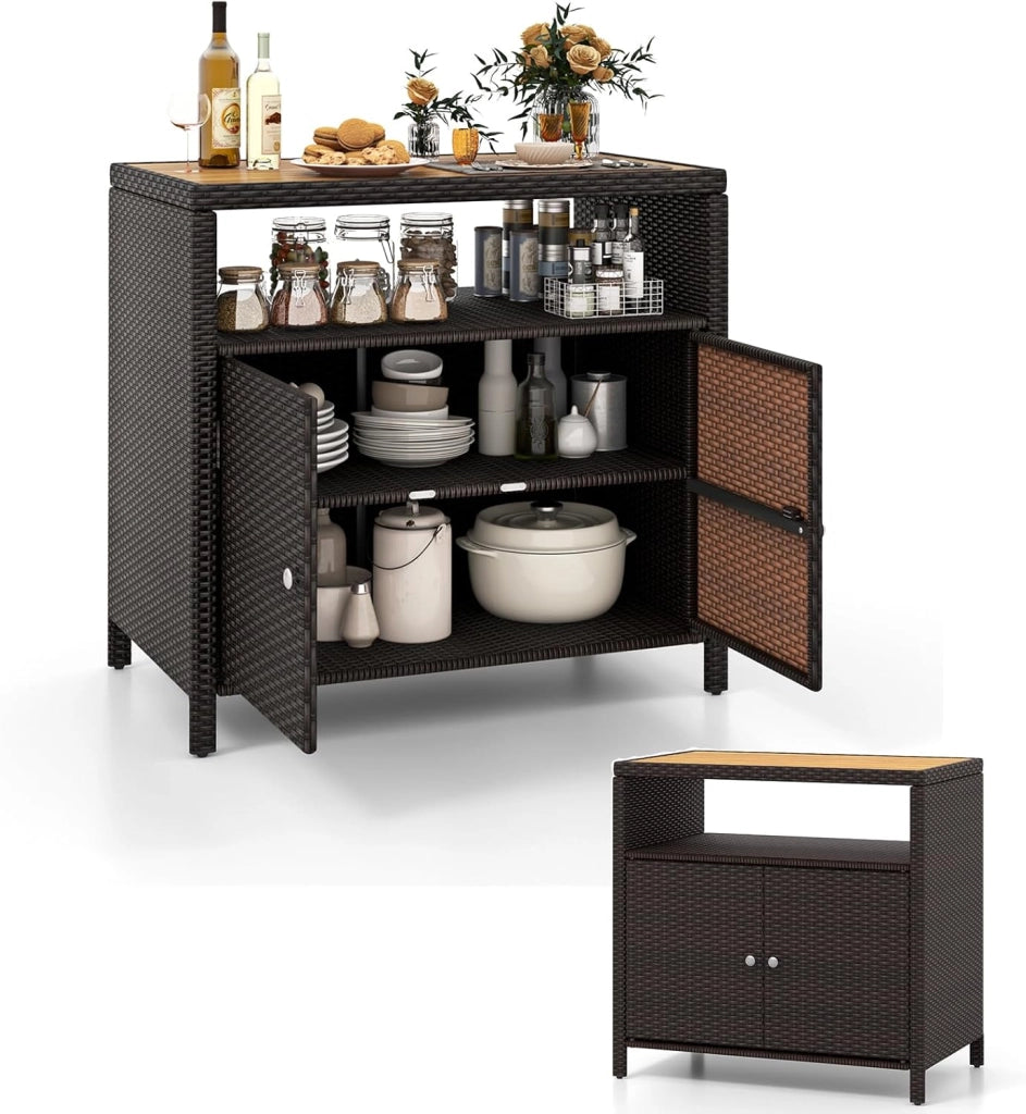 Armadio da Esterno Impermeabile in Rattan, Armadietto Basso con Piano di Lavoro in Legno e Ripiano Aperto, Credenza da Cucina, Balcone, Giardino, Corridoio, 90 x 53 x 86 cm (Marrone)