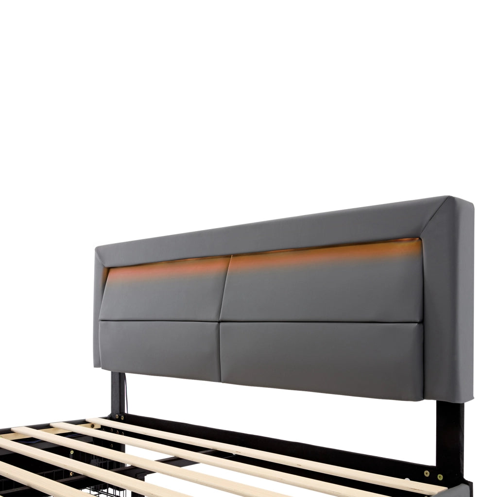 Letto imbottito 140x200 cm con USB; LED e 4 cassetti in PU grigio