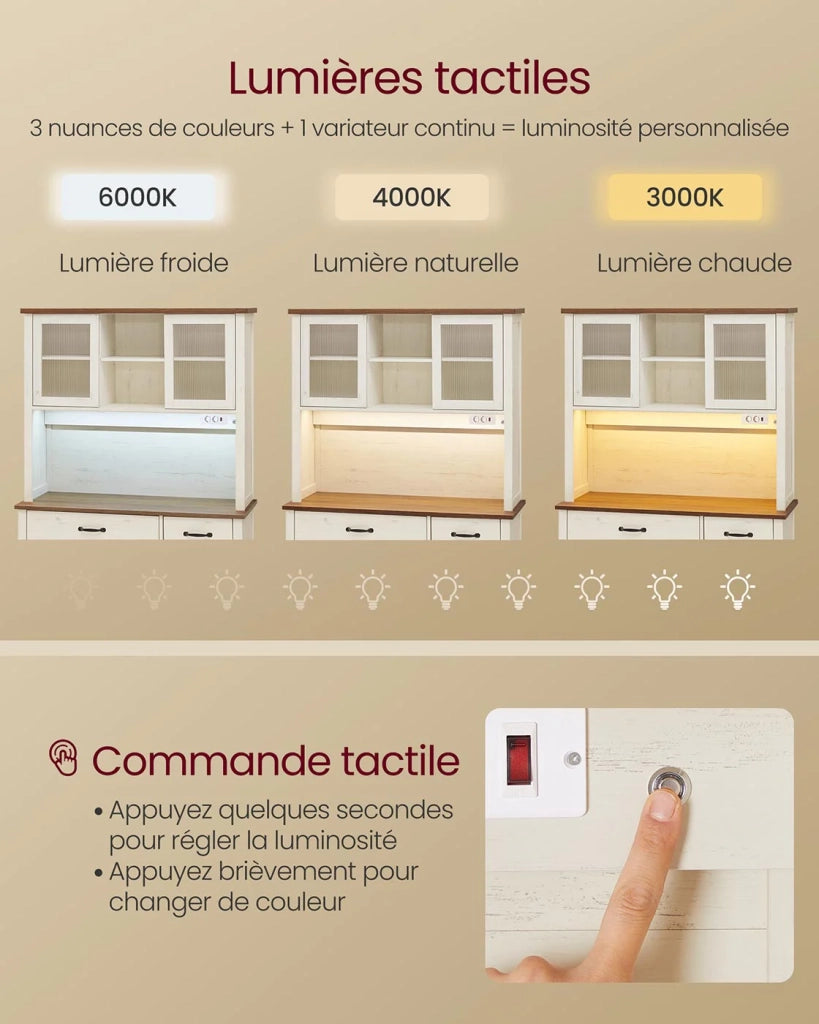 Mobile contenitore con luci e caricabatterie mobile da cucina con ante e cassetti 395 x 1065 x 1806 cm ripiani regolabili stile country beige 12_0006412