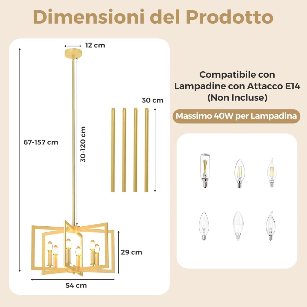 Lampadario a Sospensione a 6 Luci, Lampada a Sospensione Geometrica Moderna in Metallo Industriale con Altezza Regolabile, Lampada da Soffitto per Cucina, Salotto e Camera da Letto (Bronzo)