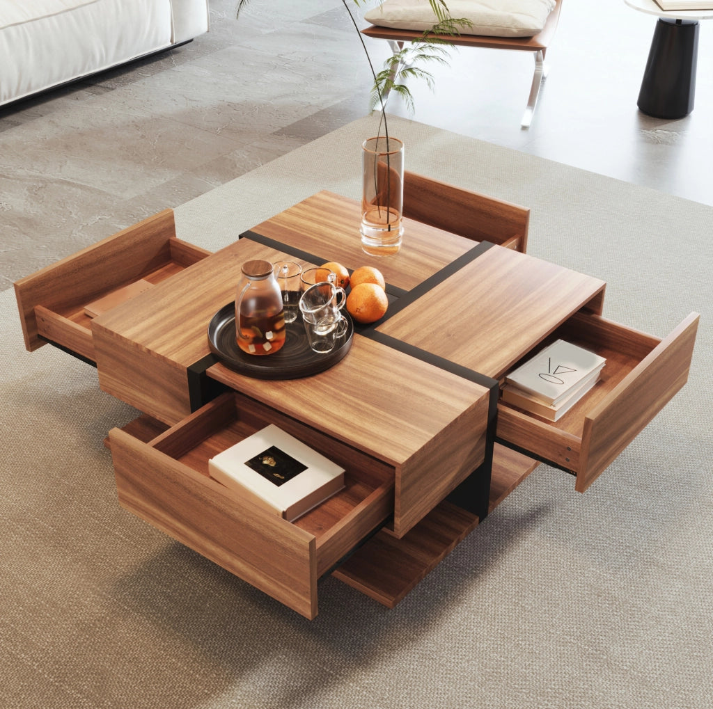 TAVOLINO Quadrato 78x78x36 cm in pannello di legno Naturale con 4 cassetti