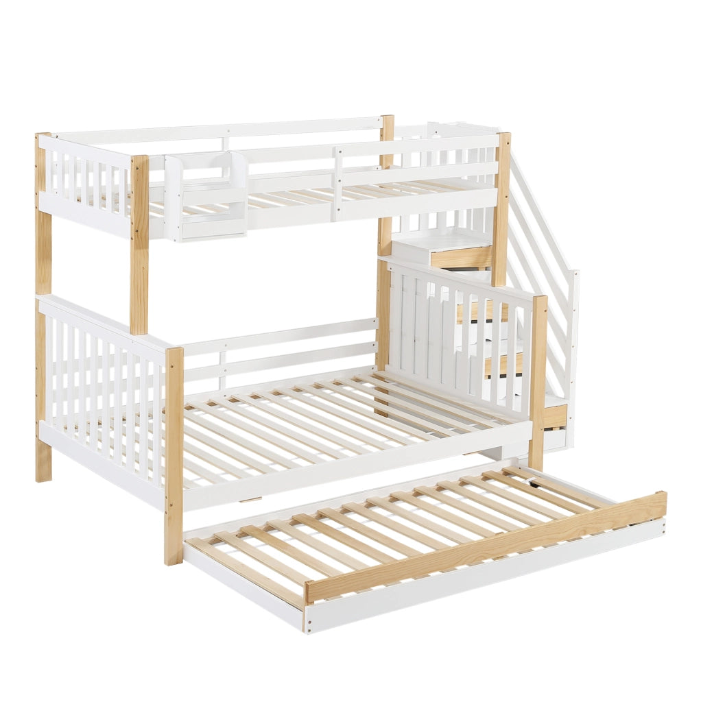 Letto a castello per bambini con letto estraibile; scala contenitore e sponde; 120x200 cm; bianco e naturale