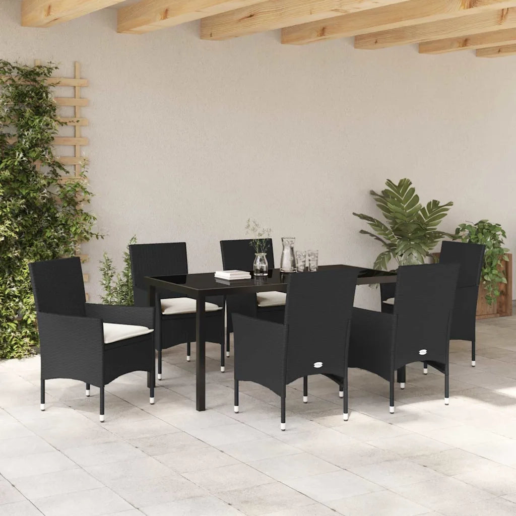 Set da Pranzo per Giardino con cuscino 7 pcs Nero polyrattan