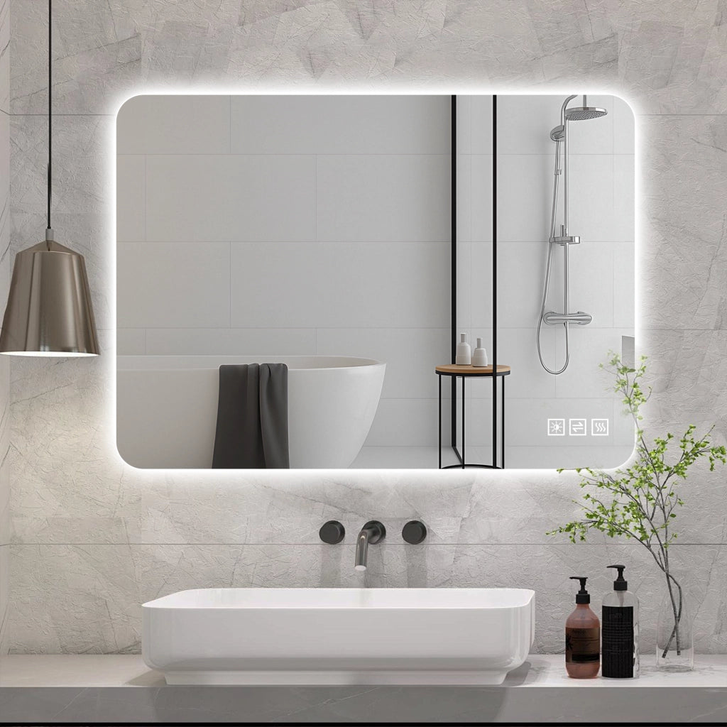 SPECCHIO LED 70x90 cm rettangolare in vetro e metallo argento, dimmerabile