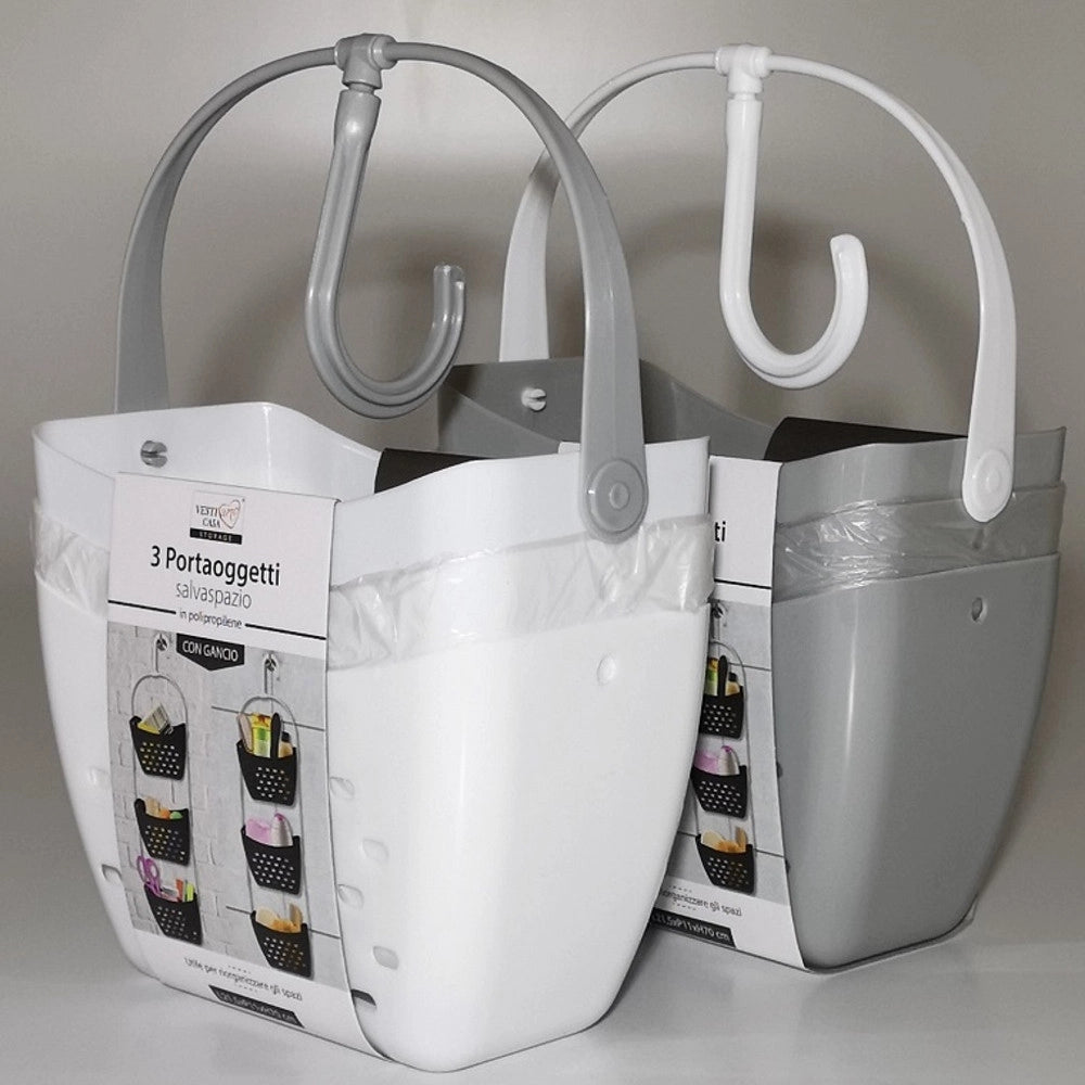 Trade Shop - Portaoggetti Con Gancio 3 Contenitori Salvaspazio Cestino Bagno Sospeso In Plastica 70 Cm -