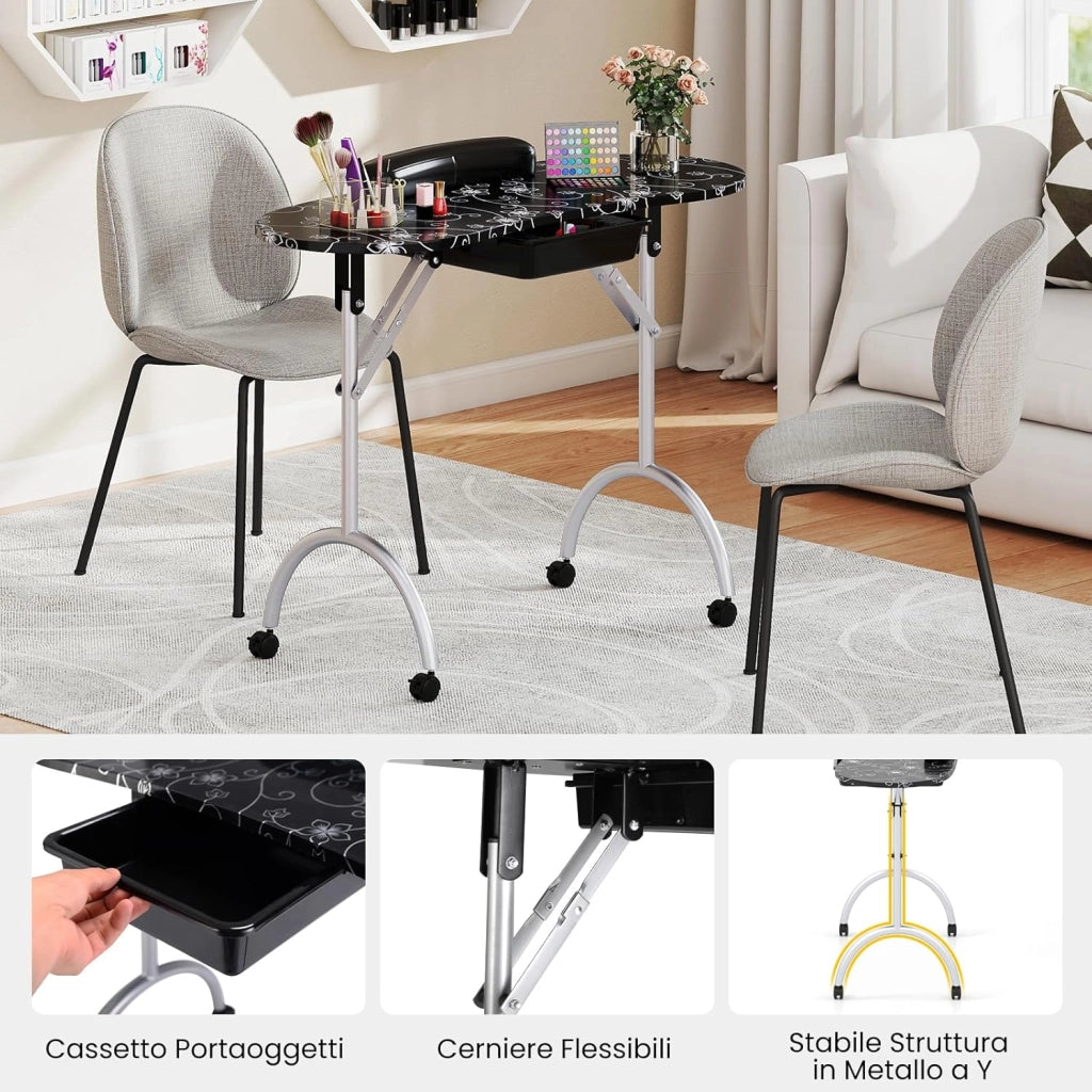 COSTWAY Tavolo Manicure Pieghevole, Tavolo Unghie Estetista Portatile con Ruote, Cassetto, Cuscino Poggiapolsi e Borsa