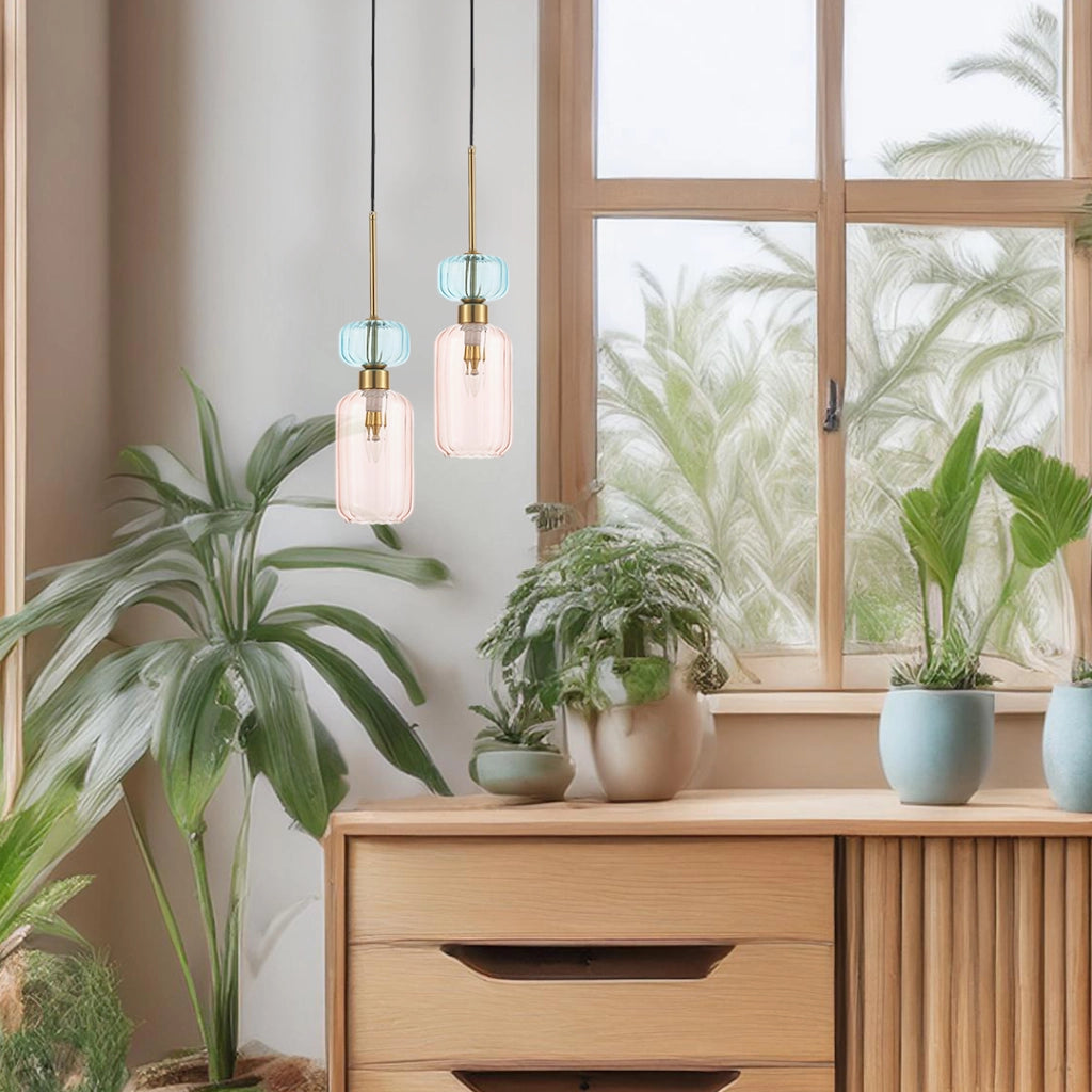 Sospensione MOLLY vetro rosa/azzurro E14 40W Milagro