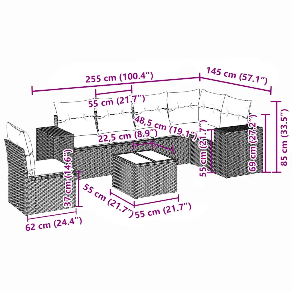 Set Divani da Giardino 7pz con Cuscini Grigio Chiaro Polyrattan
