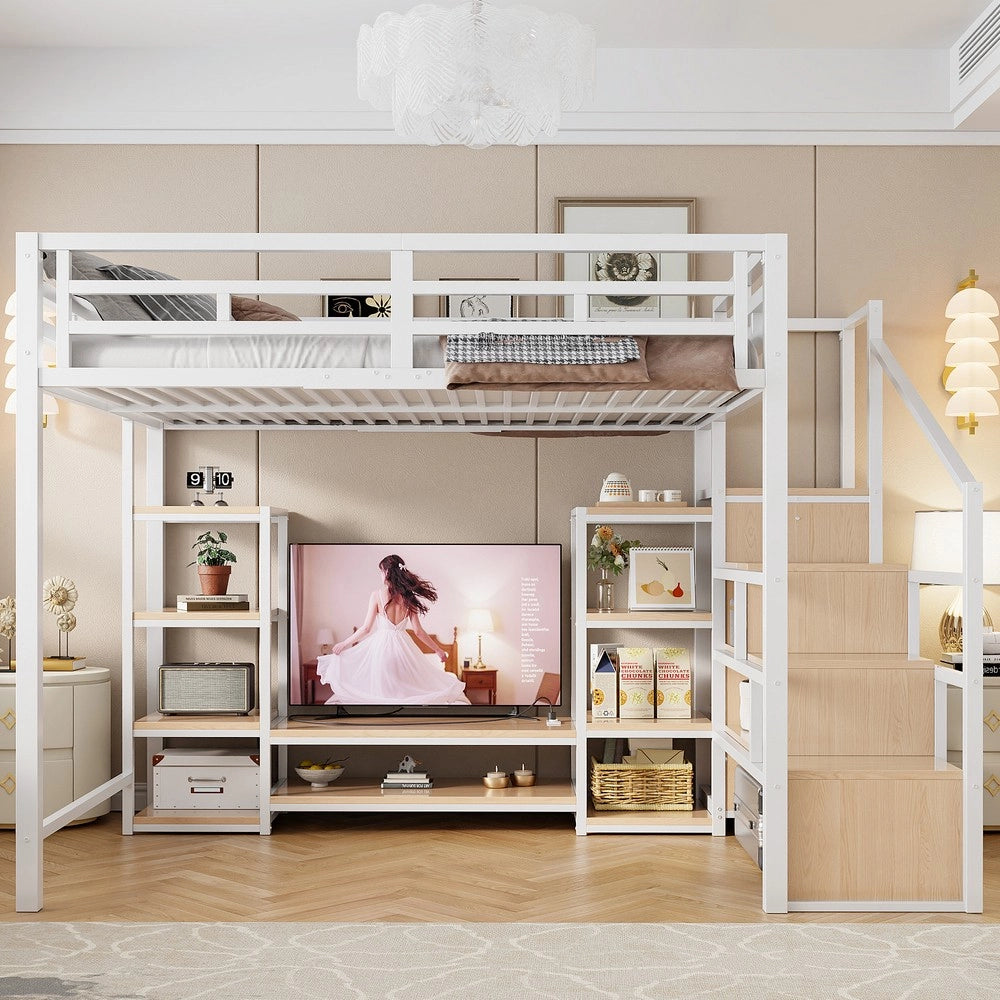 Letto a soppalco con TV - Zephmum- 140x200 - Bianco - Presa di corrente e scala di sicurezza
