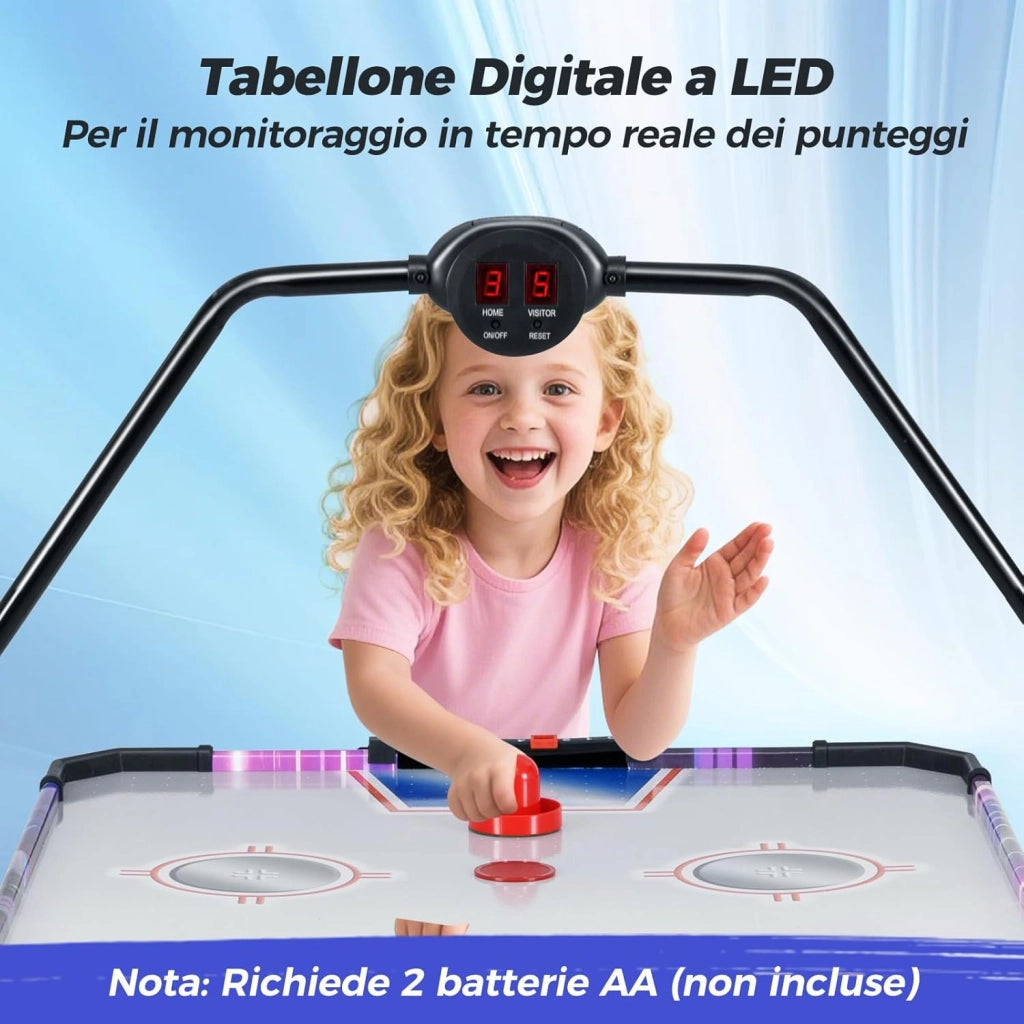 Tavolo Air Hockey, Tavolo da Gioco con Segnapunti Digitale LED 2 Spintori e 2 Dischi, 12V Potente Motore, per Casa Sala Giochi e Ufficio, 144 x 68 x 81 cm